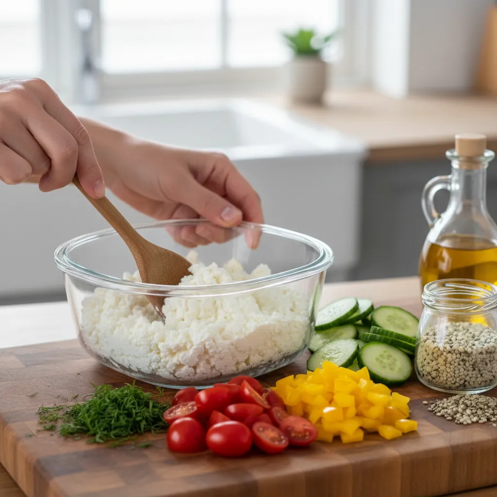 Assembling a cottage cheese and hemp seed bowl