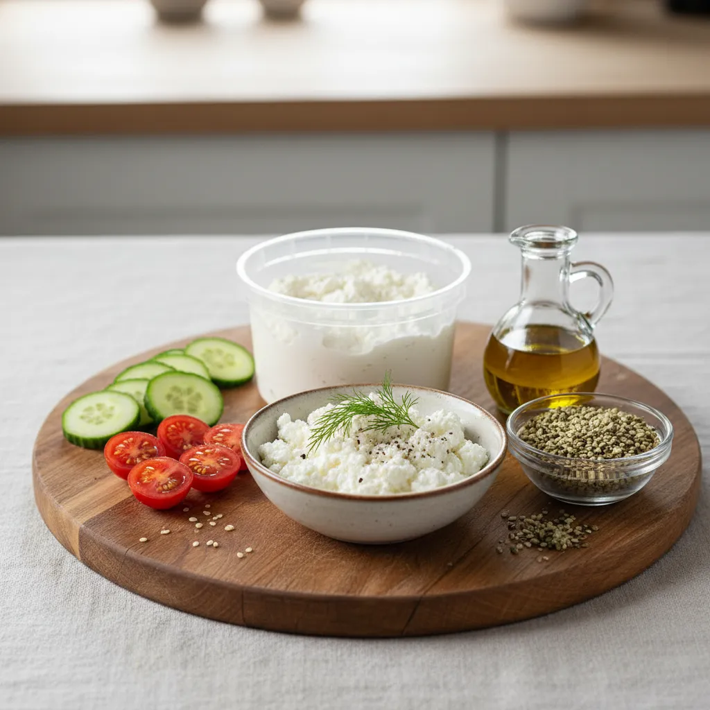 Ingredients for a savory cottage cheese and hemp seed lunch bowl