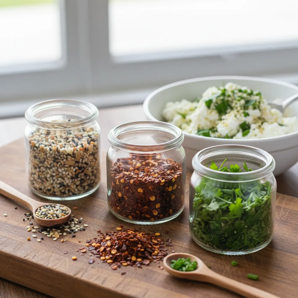 Various toppings for cottage cheese bowls in small jars