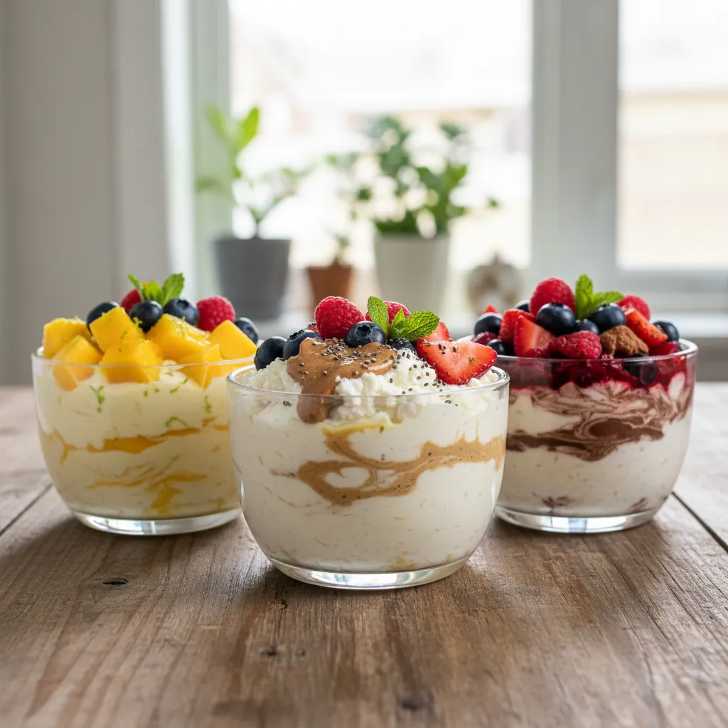 Three different flavor variations of high protein cottage cheese dessert bowls