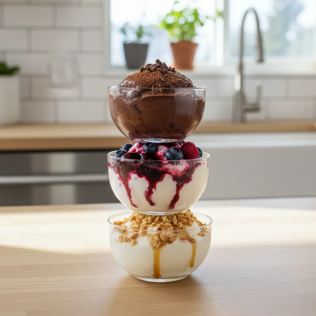 Three small bowls featuring different cottage cheese ice cream flavors