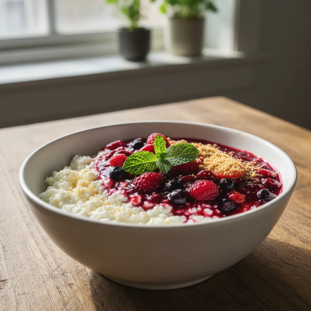 Close up of a high protein cottage cheese dessert bowl topped with fresh mixed berries