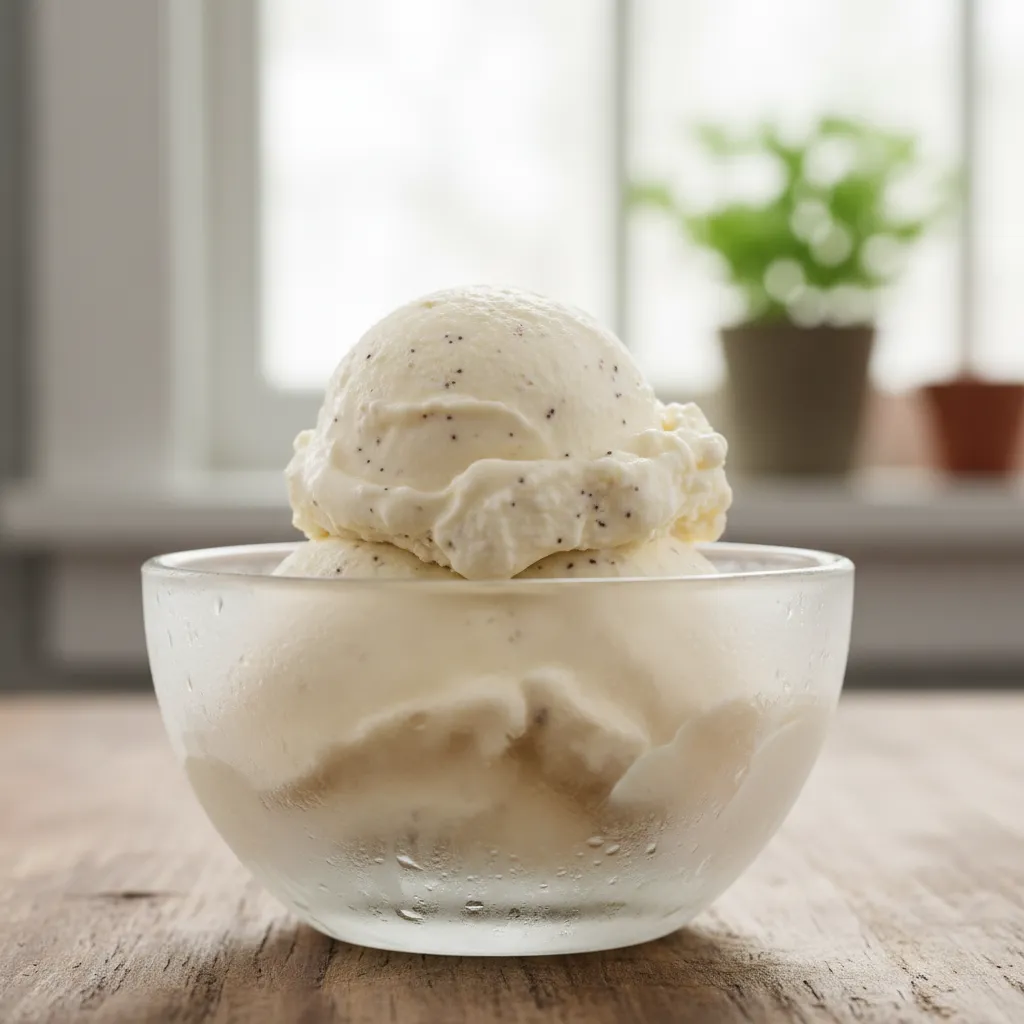 Perfectly scooped creamy cottage cheese ice cream in a glass bowl