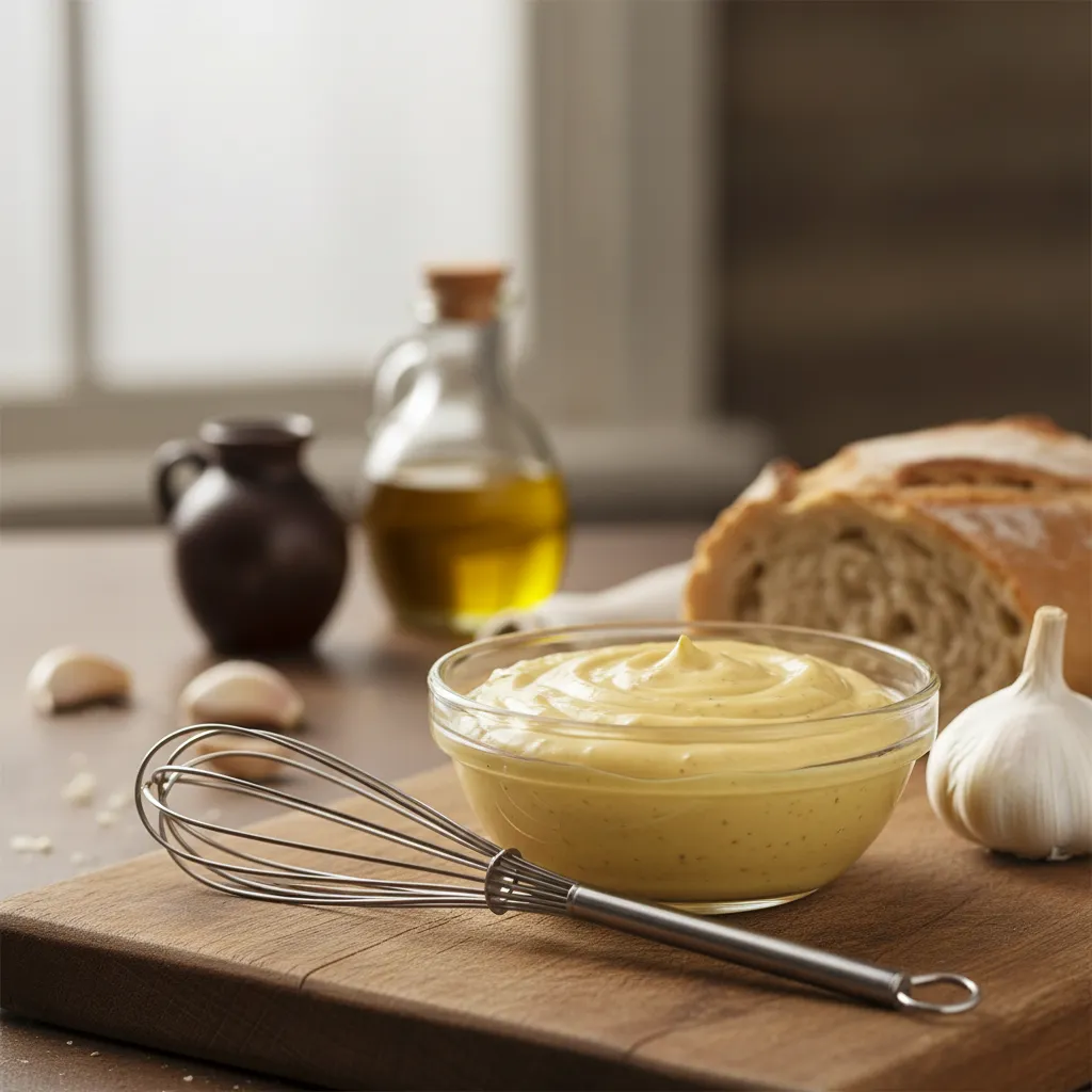 Smooth and creamy garlic aioli in a glass bowl