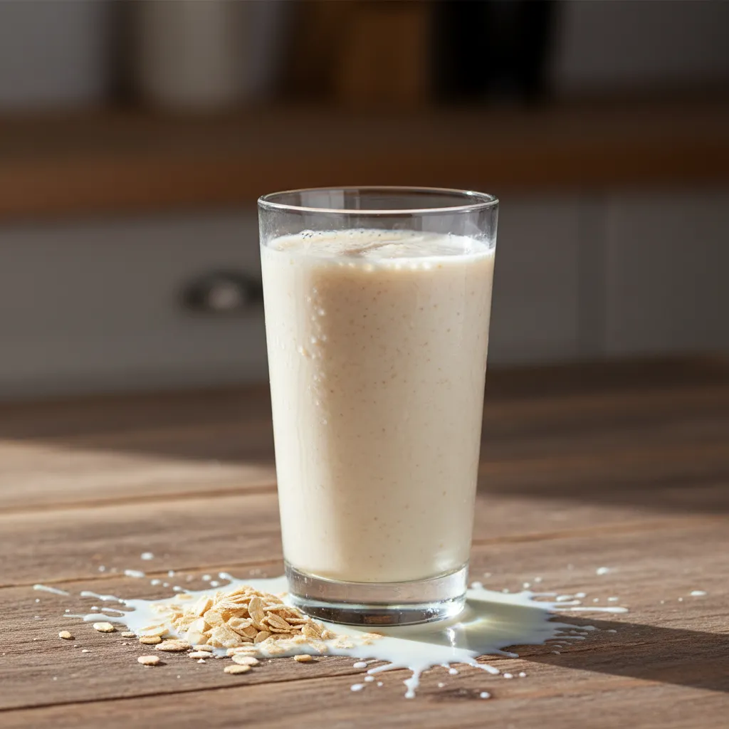 A glass of creamy vanilla protein shake with fine-milled oats and dairy milk