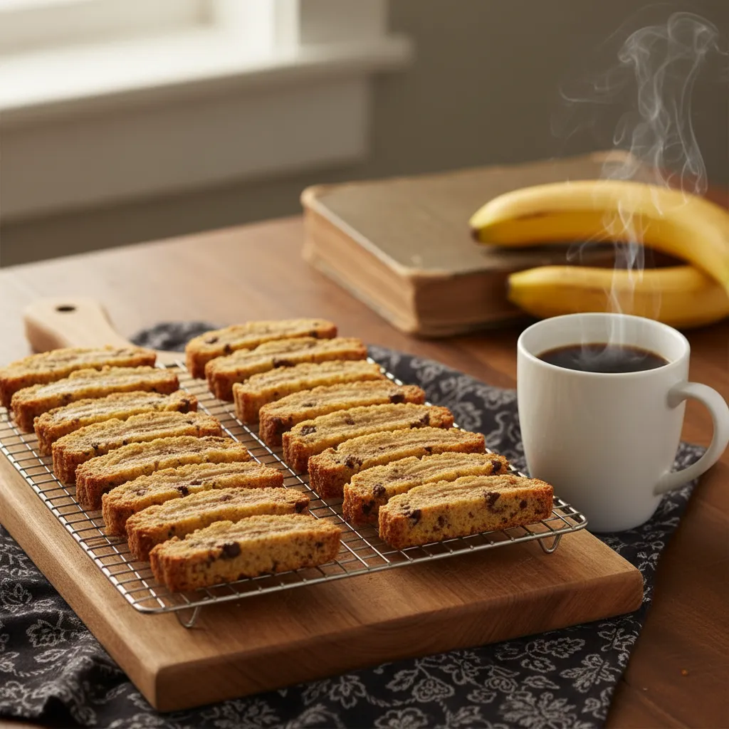 Crispy banana bread biscotti slices on a cooling rack