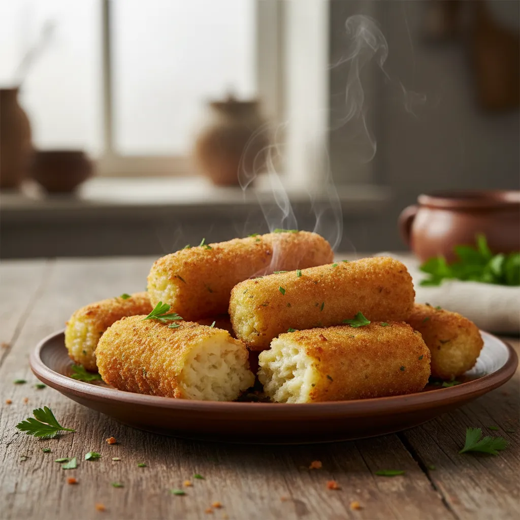Golden fried potato croquettes on a rustic ceramic plate
