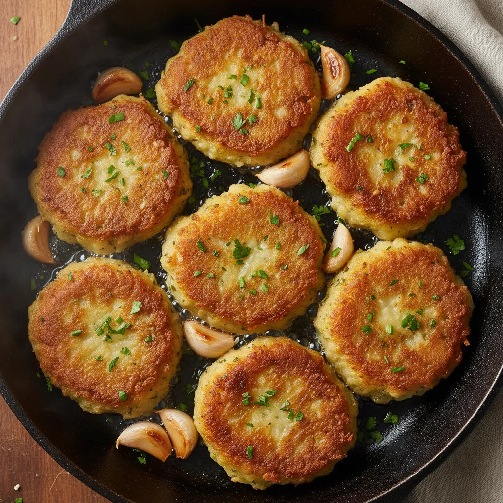 Golden brown pan-fried potato patties sizzling in a rustic cast iron skillet