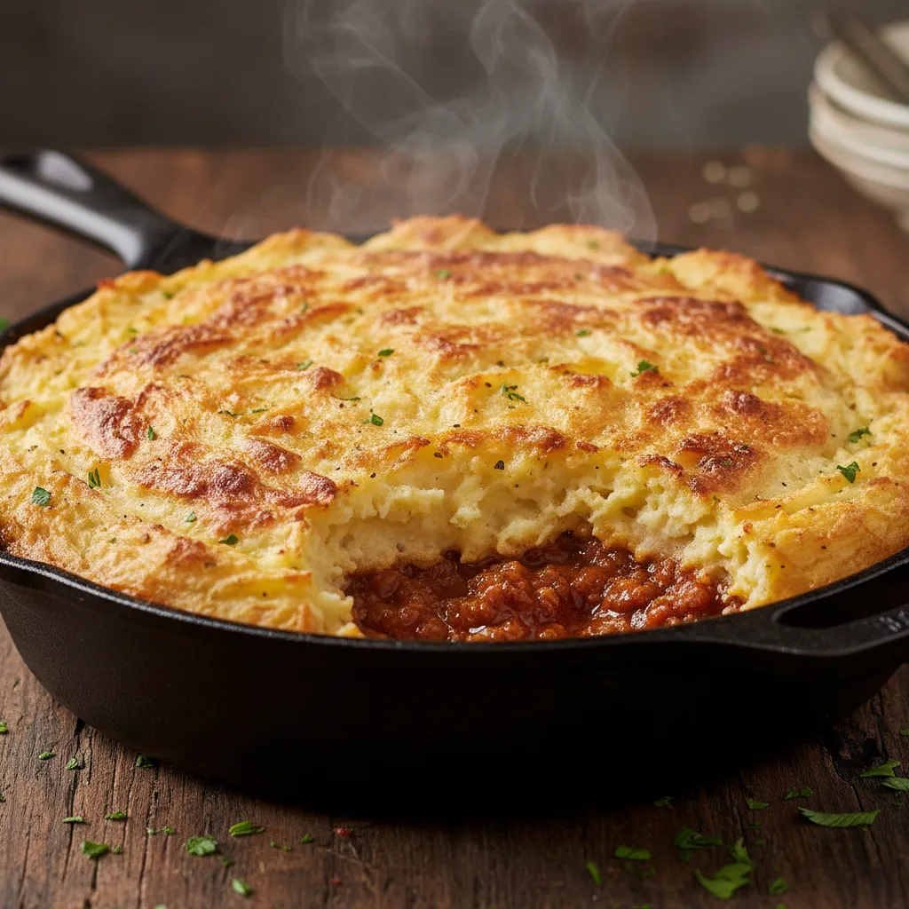Golden brown leftover mashed potato crust on a shepherd