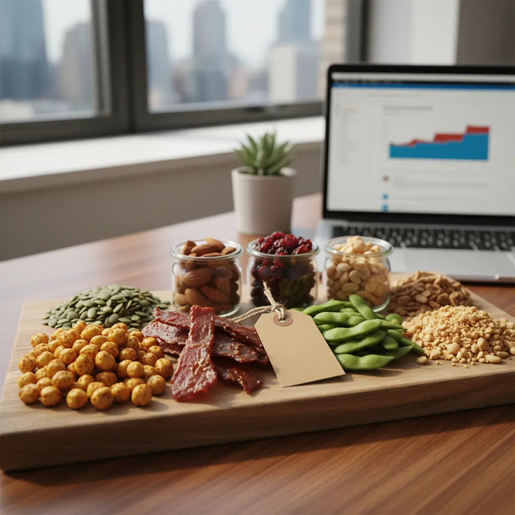 A shelf-stable high protein snack platter perfect for a work lunch desk pantry