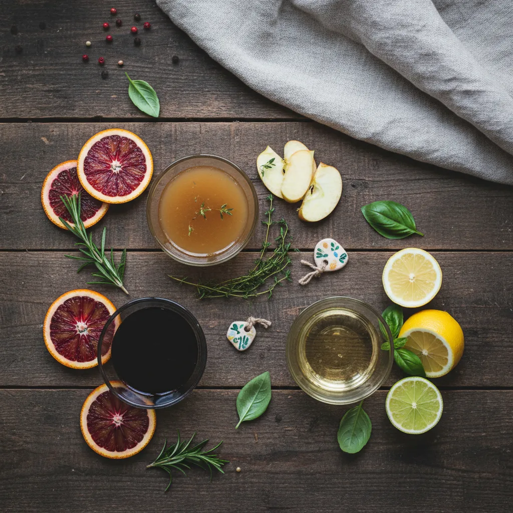 Various vinegars in small glass bowls ready for making non alcoholic shrubs