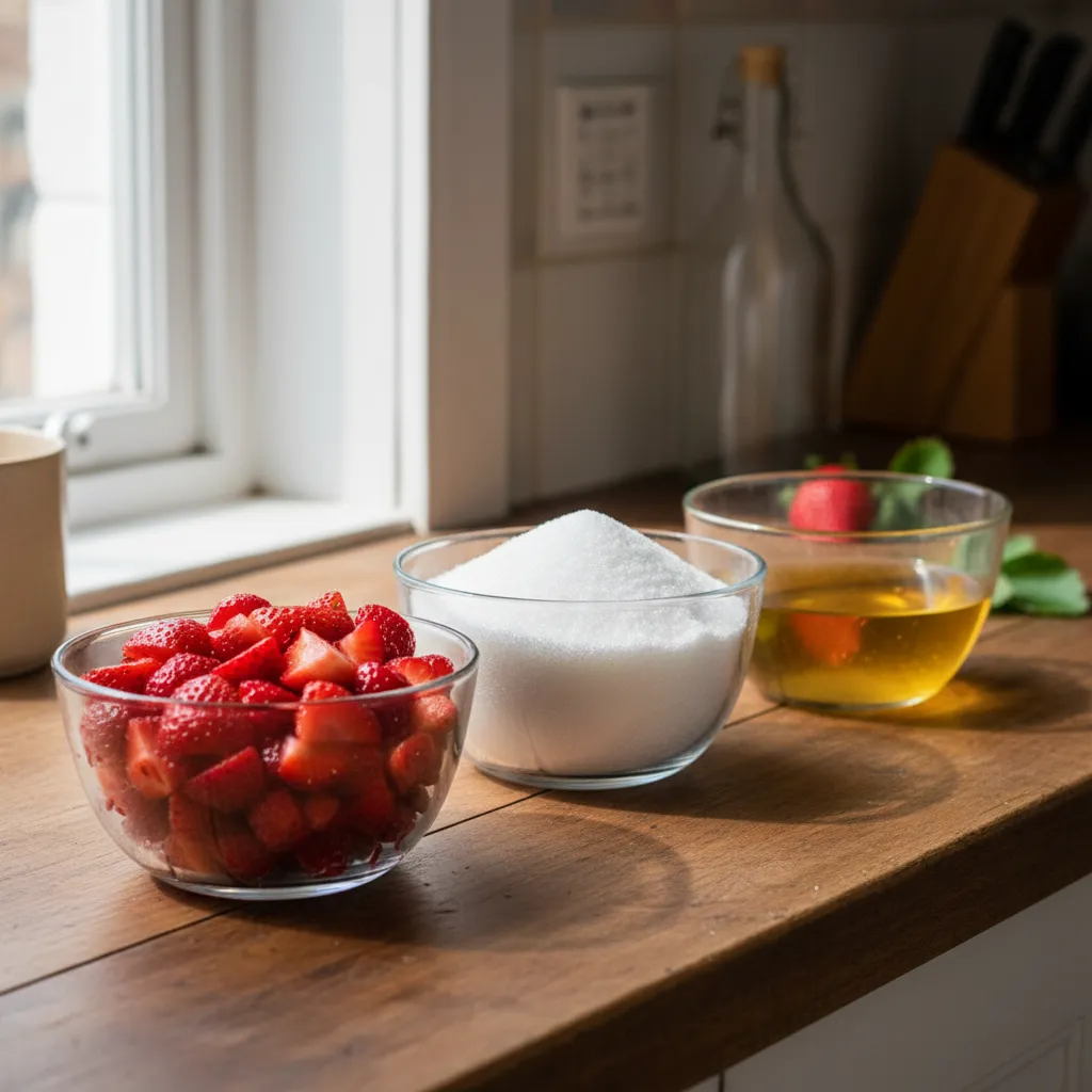 Three glass bowls containing equal parts fresh strawberries, sugar, and apple cider vinegar