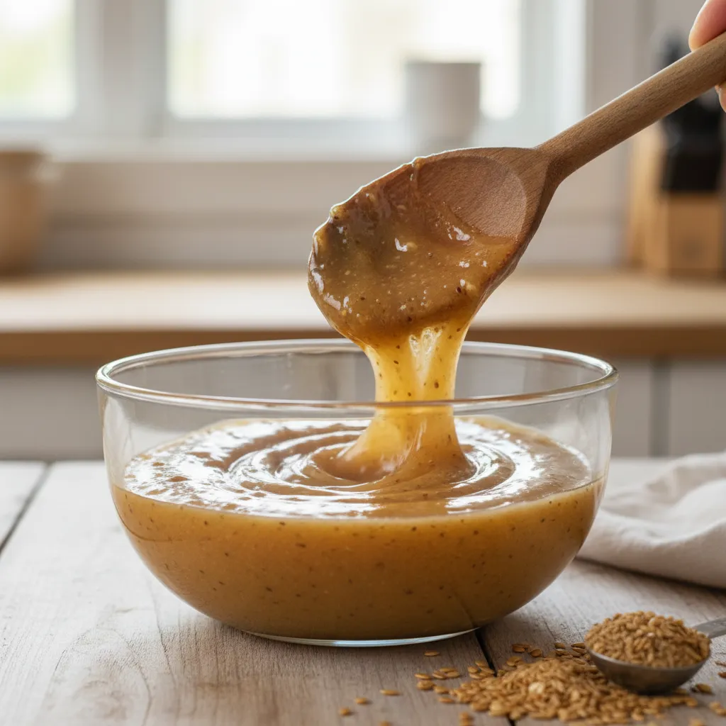 Stirring a thick flaxseed and water mixture in a glass bowl