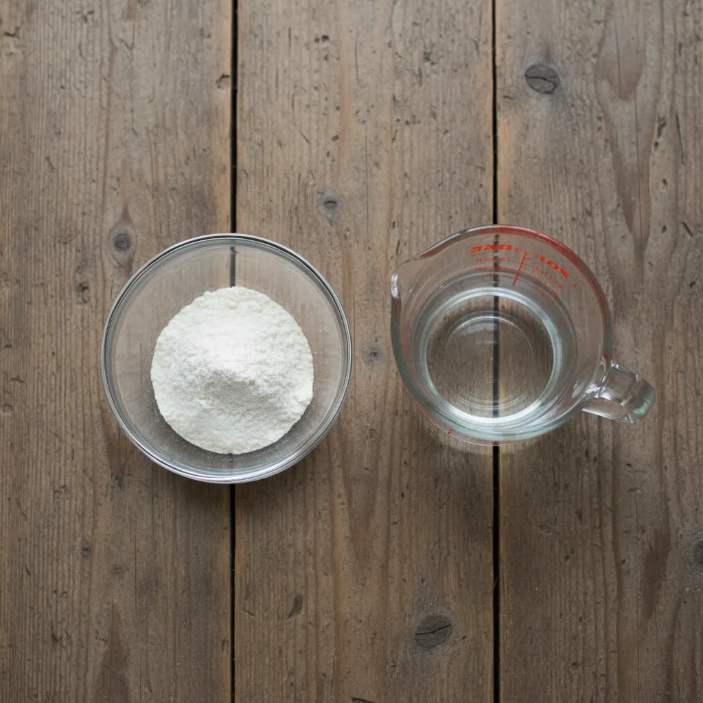 Ingredients for a simple flour slurry on a wooden table