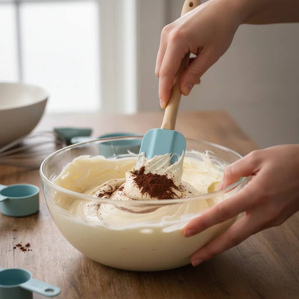 Baker folding cocoa powder into chocolate buttercream