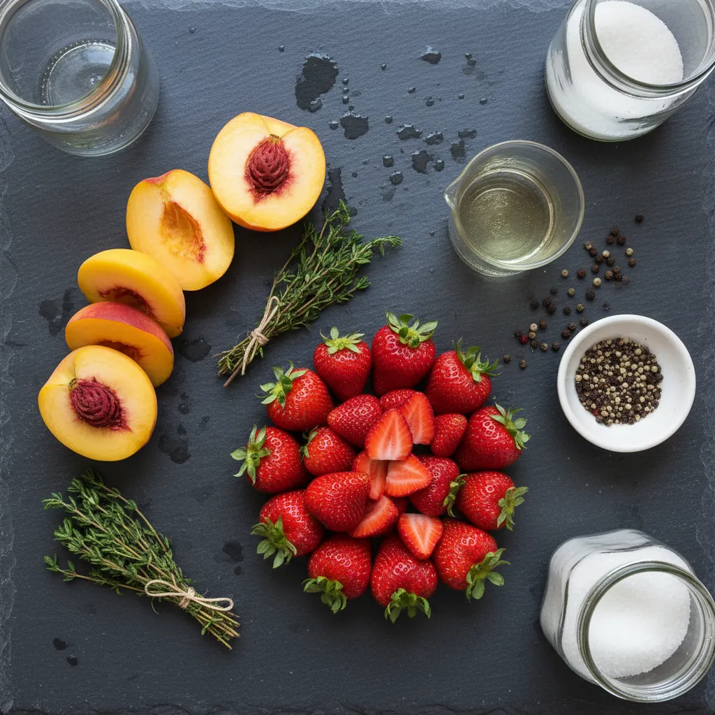 Fresh ingredients like peaches and herbs organized on a slate countertop