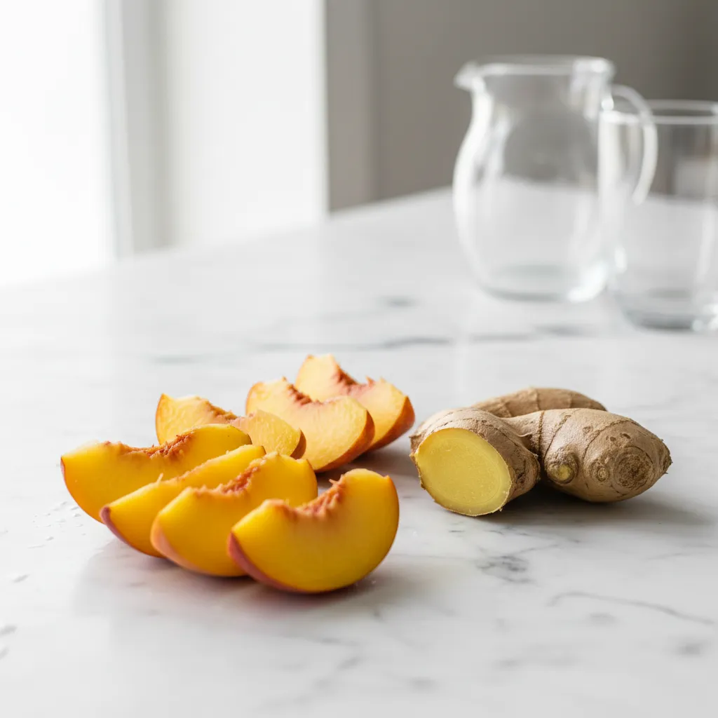 Slices of fresh peach and ginger root on a white marble surface