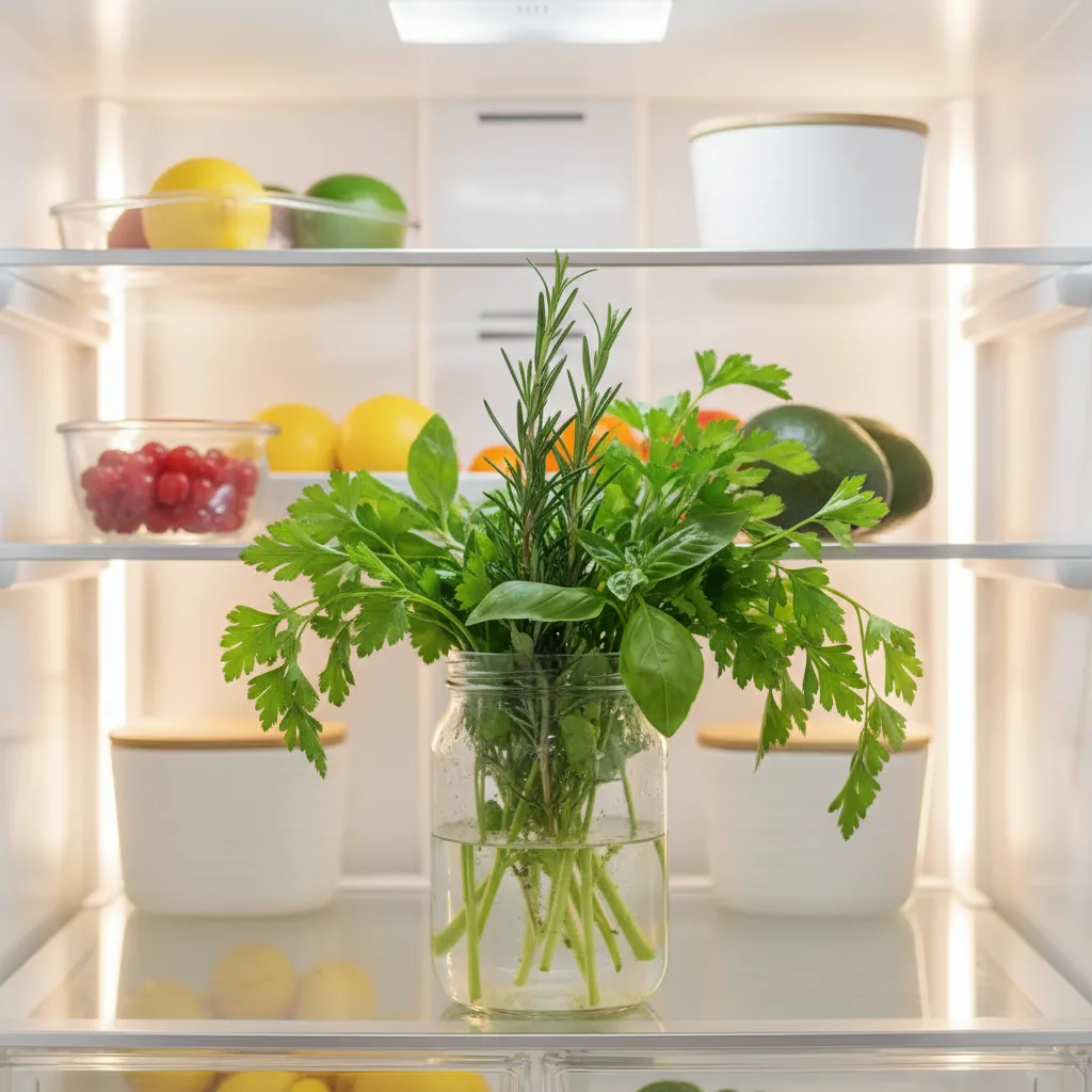 Vibrant green herbs stored in a glass jar of water inside a clean fridge