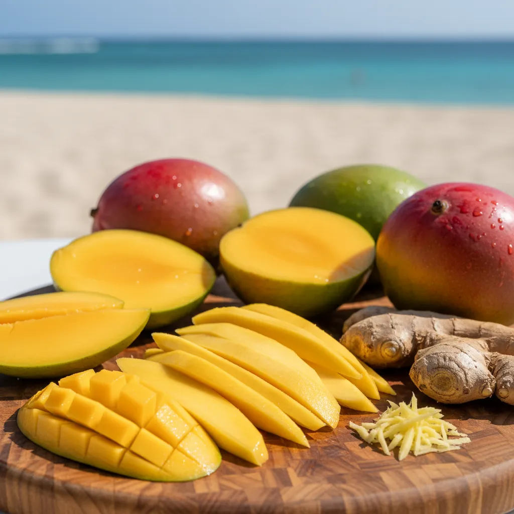 Assorted sliced mangoes and fresh ginger on a wooden cutting board
