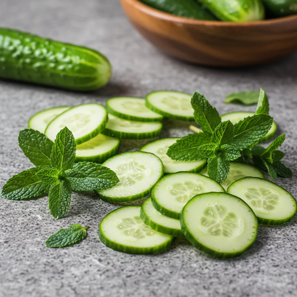 Freshly sliced cucumbers and mint sprigs on a kitchen counter