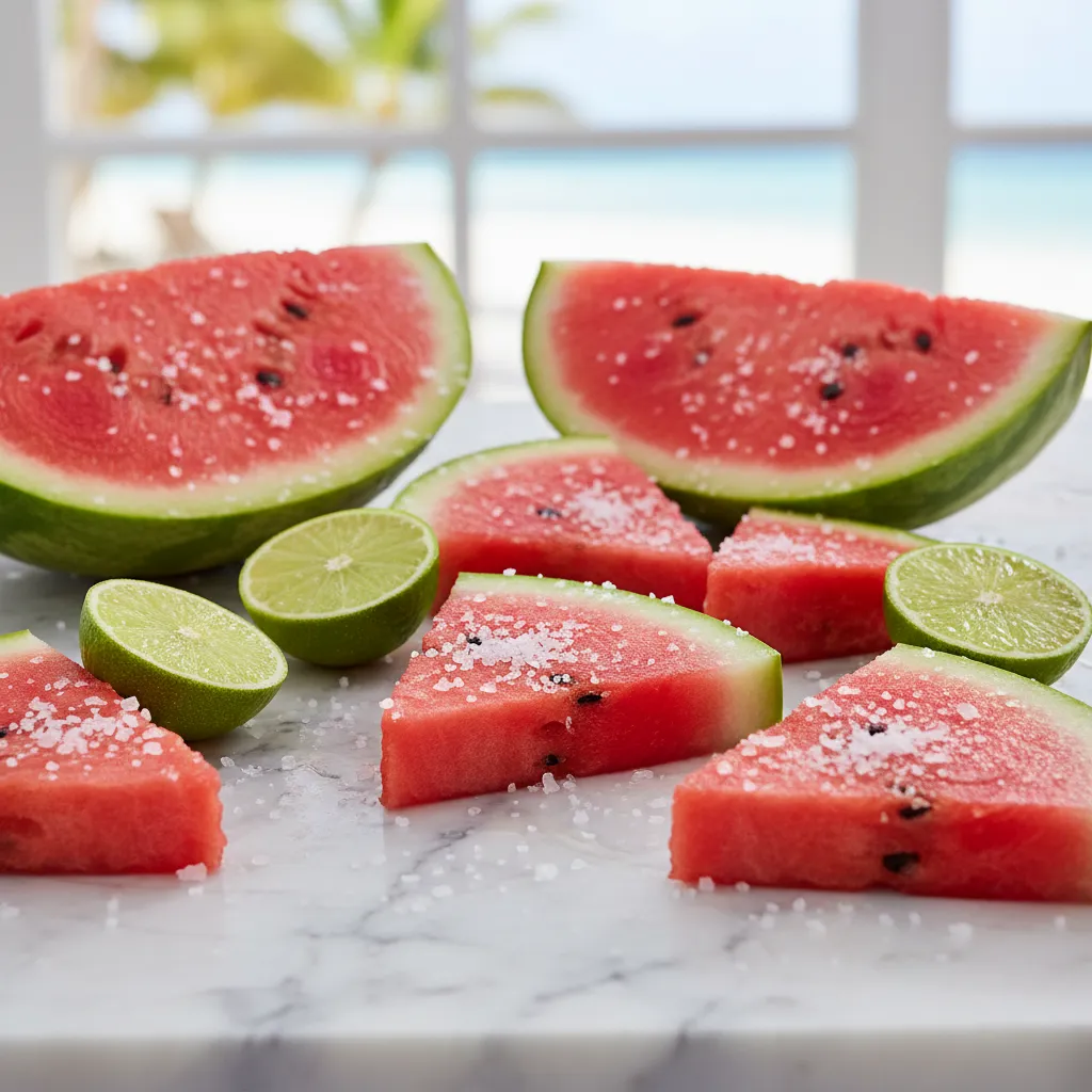 Close up of watermelon slices and limes with sea salt