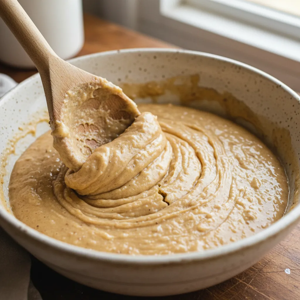 Close up showing thick banana bread batter being gently folded with a wooden spoon to avoid overmixing.