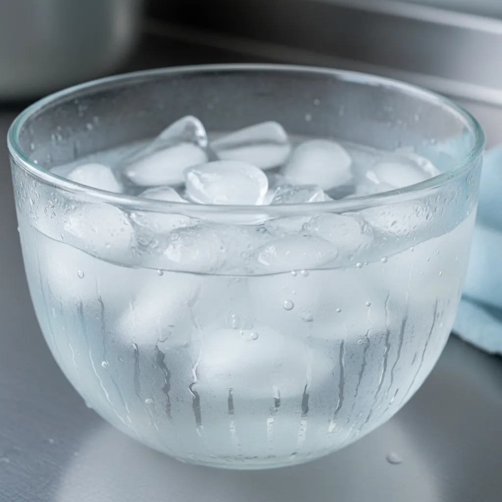 A large glass bowl filled with ice cubes and water to create a cooling bath for frosting.