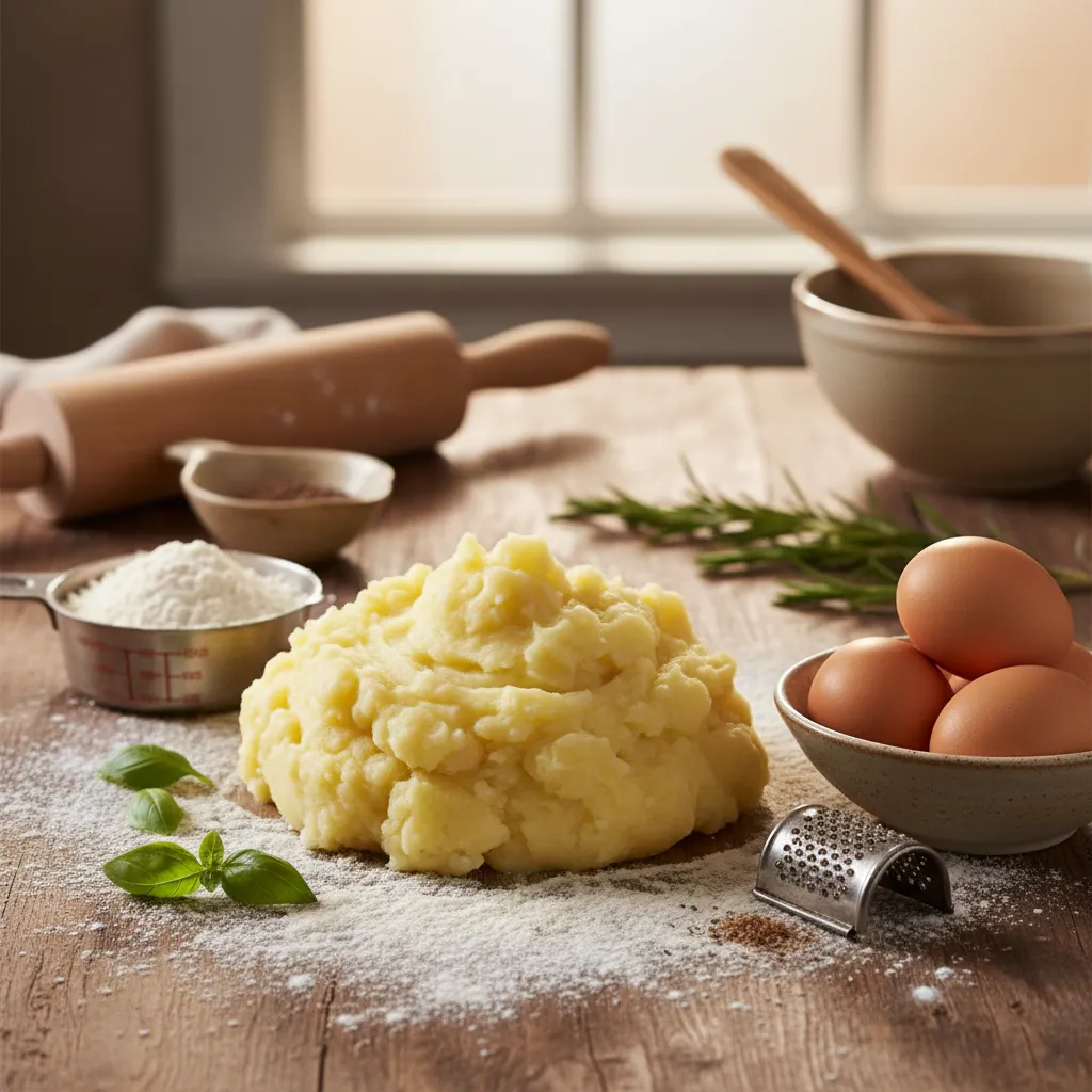 Flour, eggs, and leftover mashed potatoes ready for making gnocchi