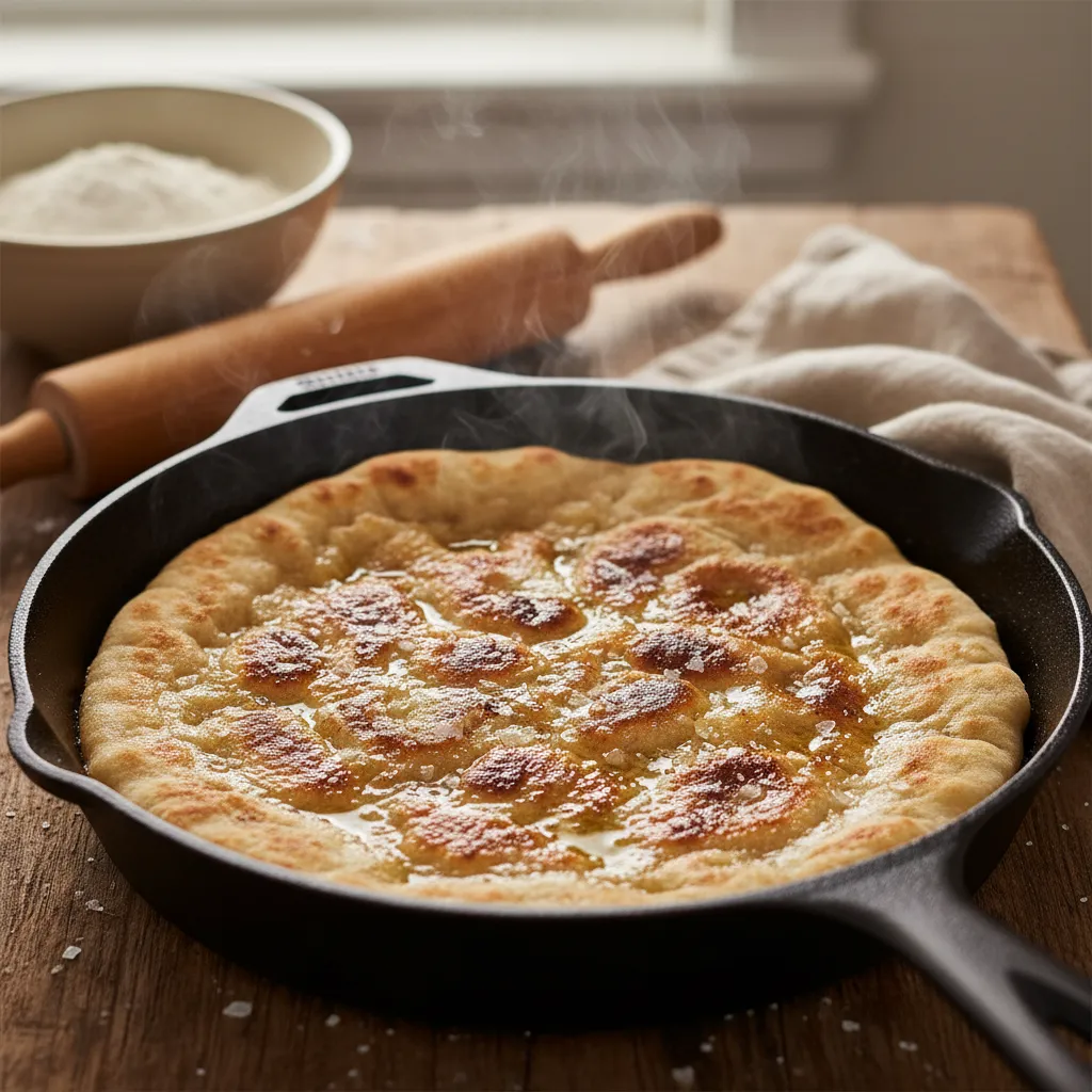 Freshly cooked flatbread in a cast iron skillet with olive oil