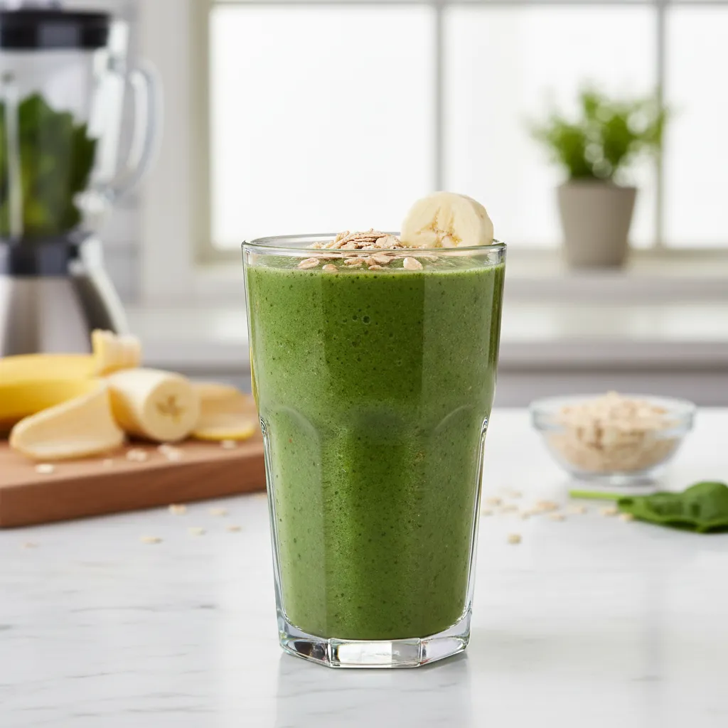 A creamy green protein shake in a glass next to oats and spinach leaves