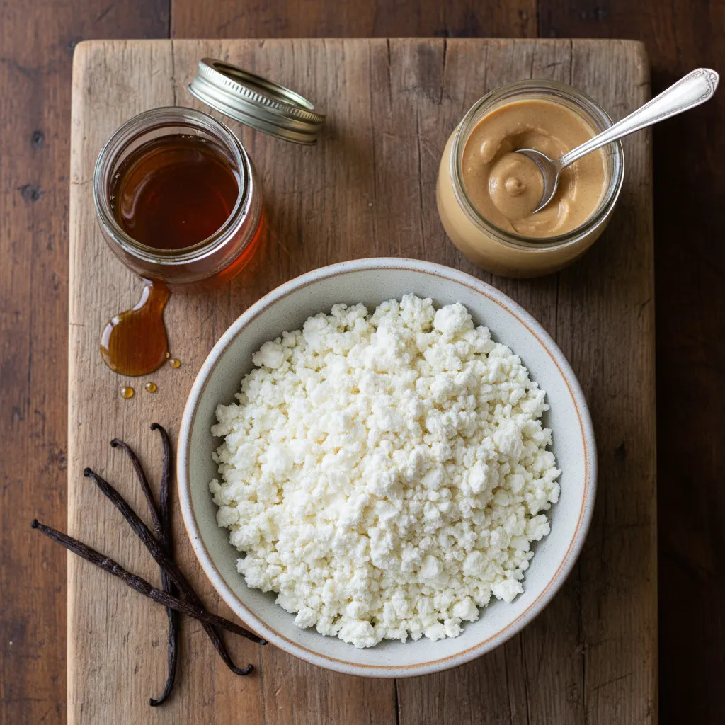 Cottage cheese maple syrup and almond butter displayed on a board