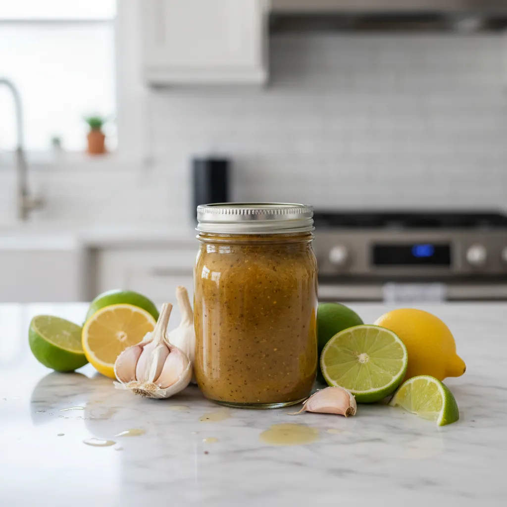 A glass jar filled with freshly emulsified golden vinaigrette dressing on a marble counter