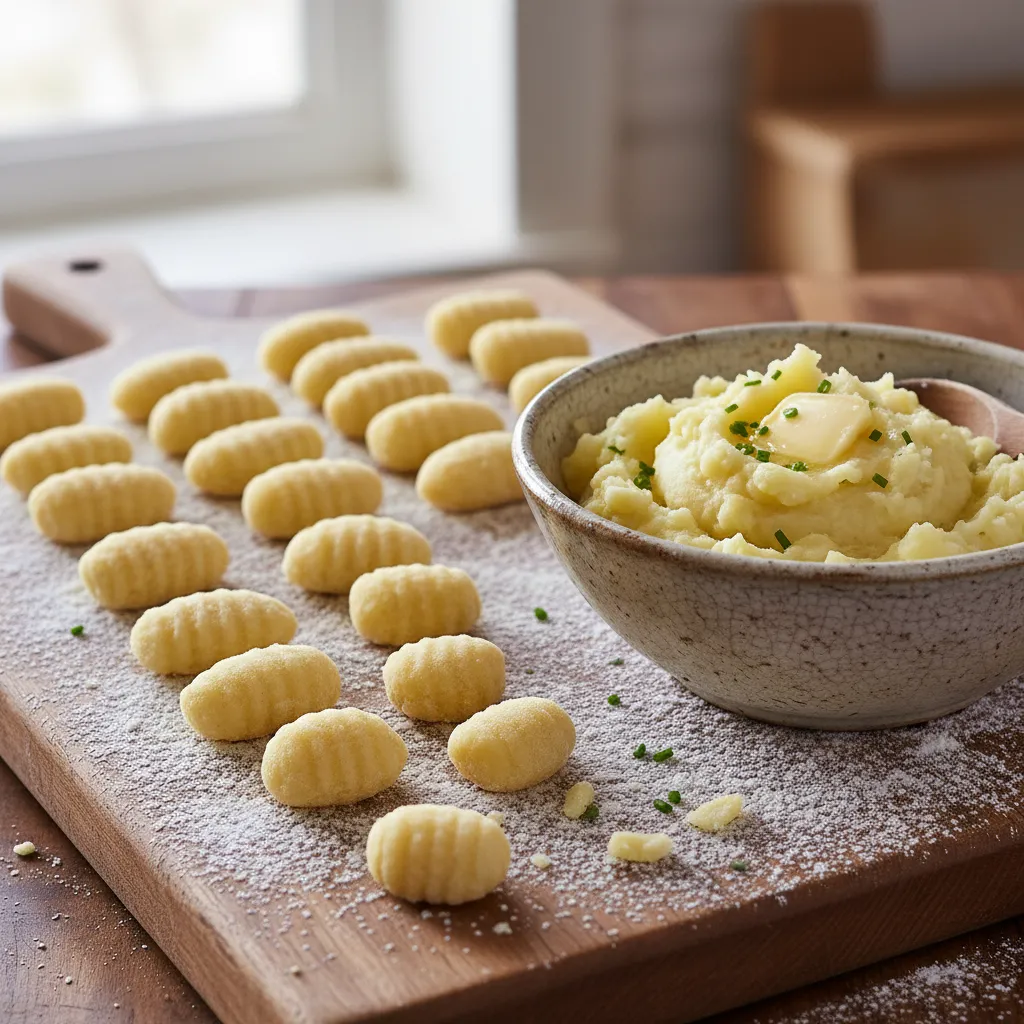 Freshly made homemade potato gnocchi rolled on a floured wooden cutting board