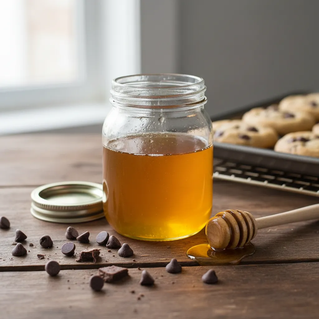 Glass jar of golden honey used as a baking substitute next to chocolate chips