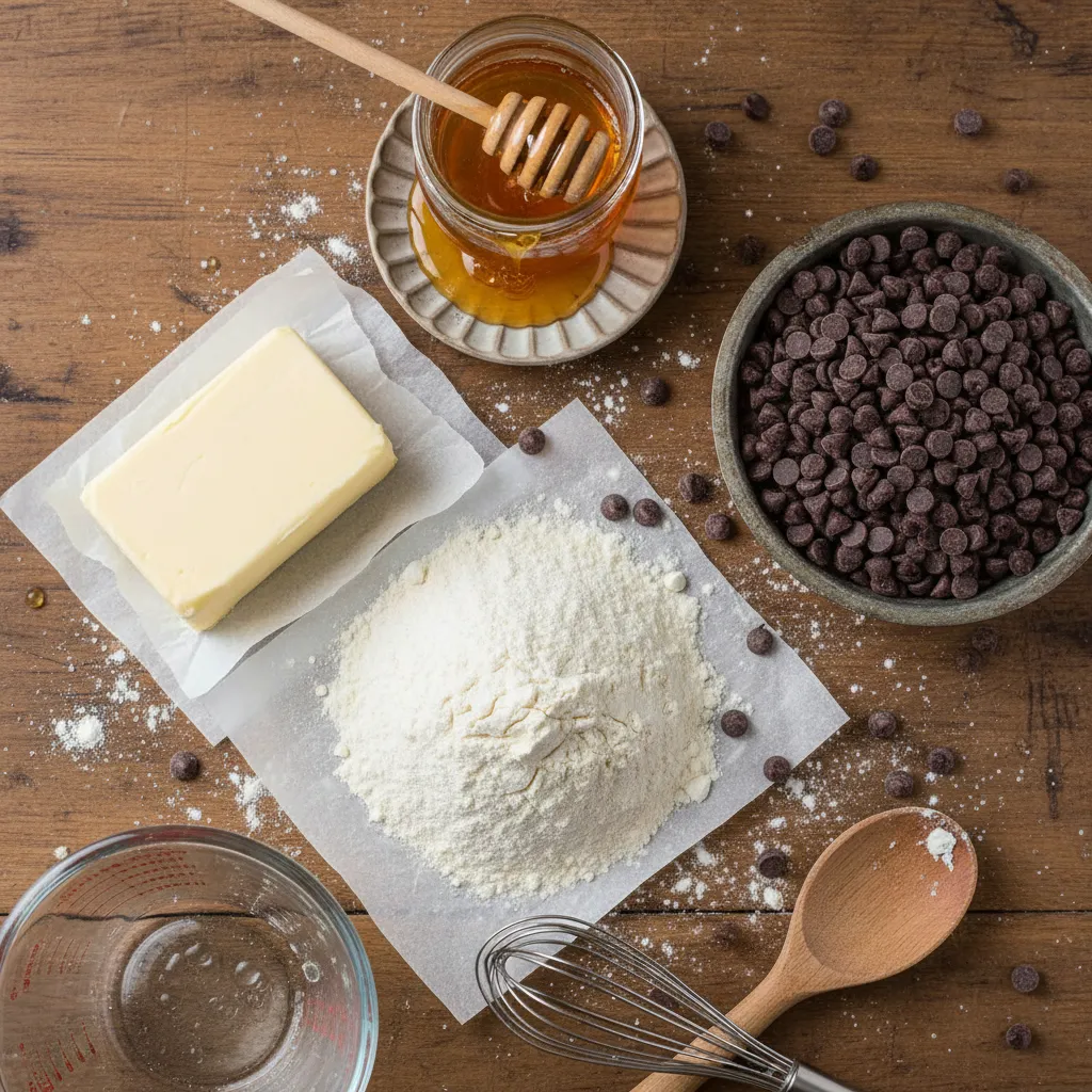Baking ingredients including honey and chocolate chips neatly laid out