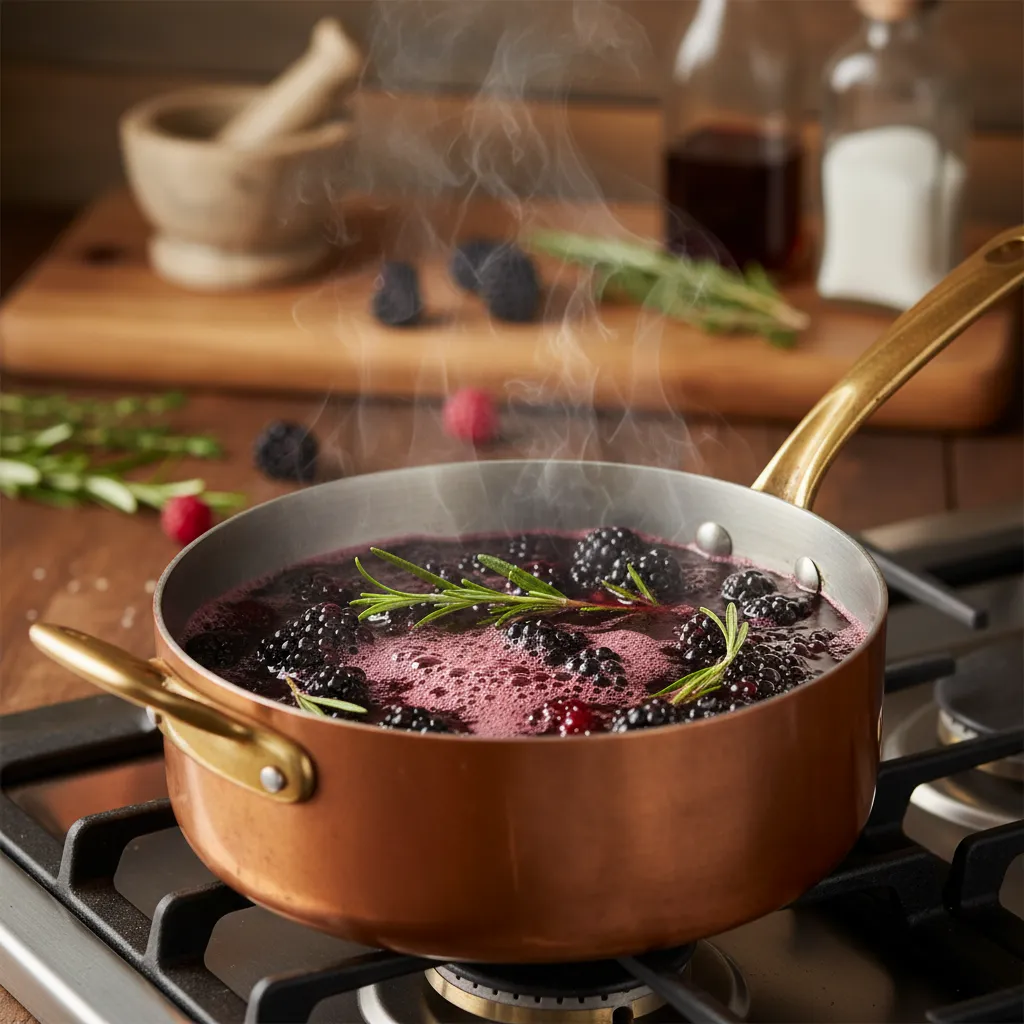 Blackberries and herbs simmering in a copper saucepan to make a hot process shrub