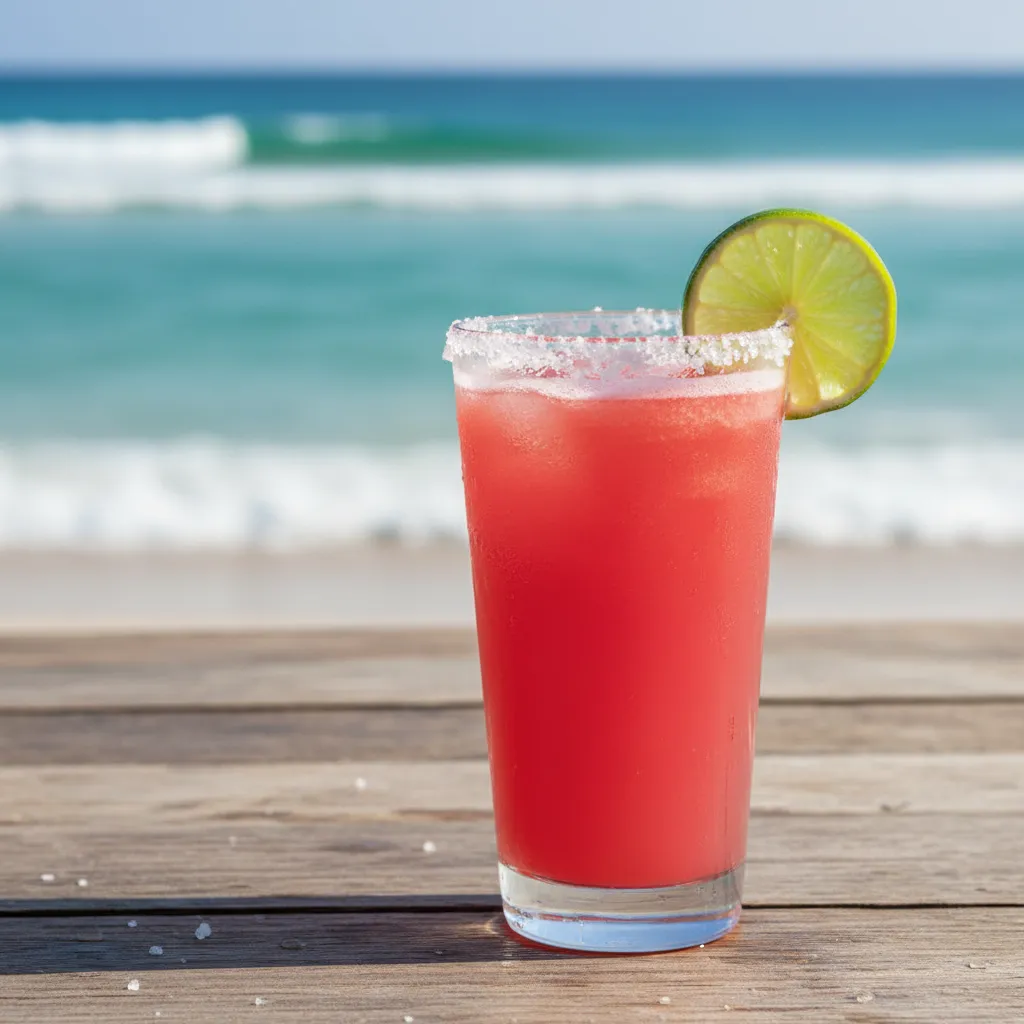 Vibrant pink watermelon juice with a salt rim and lime garnish on a sunny beach