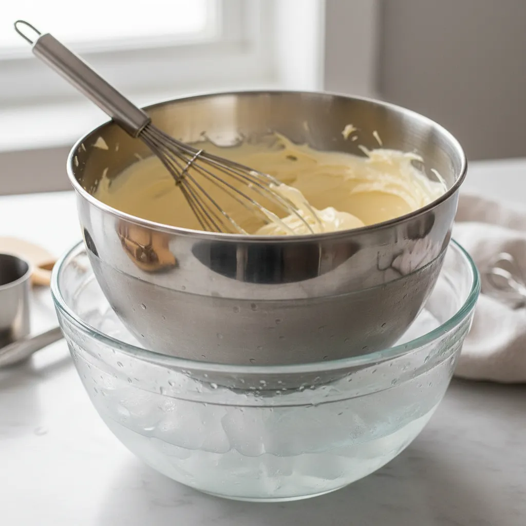 A stainless steel bowl of buttercream resting in a larger bowl of ice water to cool down and thicken.