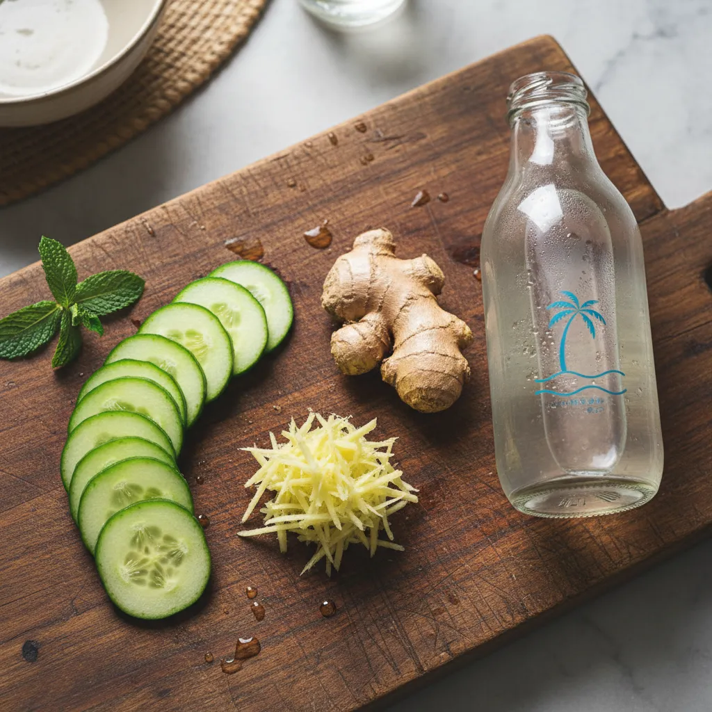 Fresh cucumber slices, grated ginger, and lime for a healthy pregnancy drink
