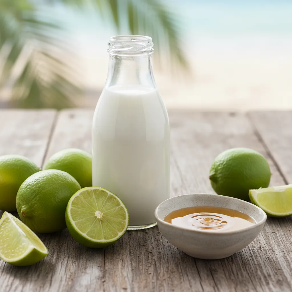 Limes and coconut milk on a wooden table