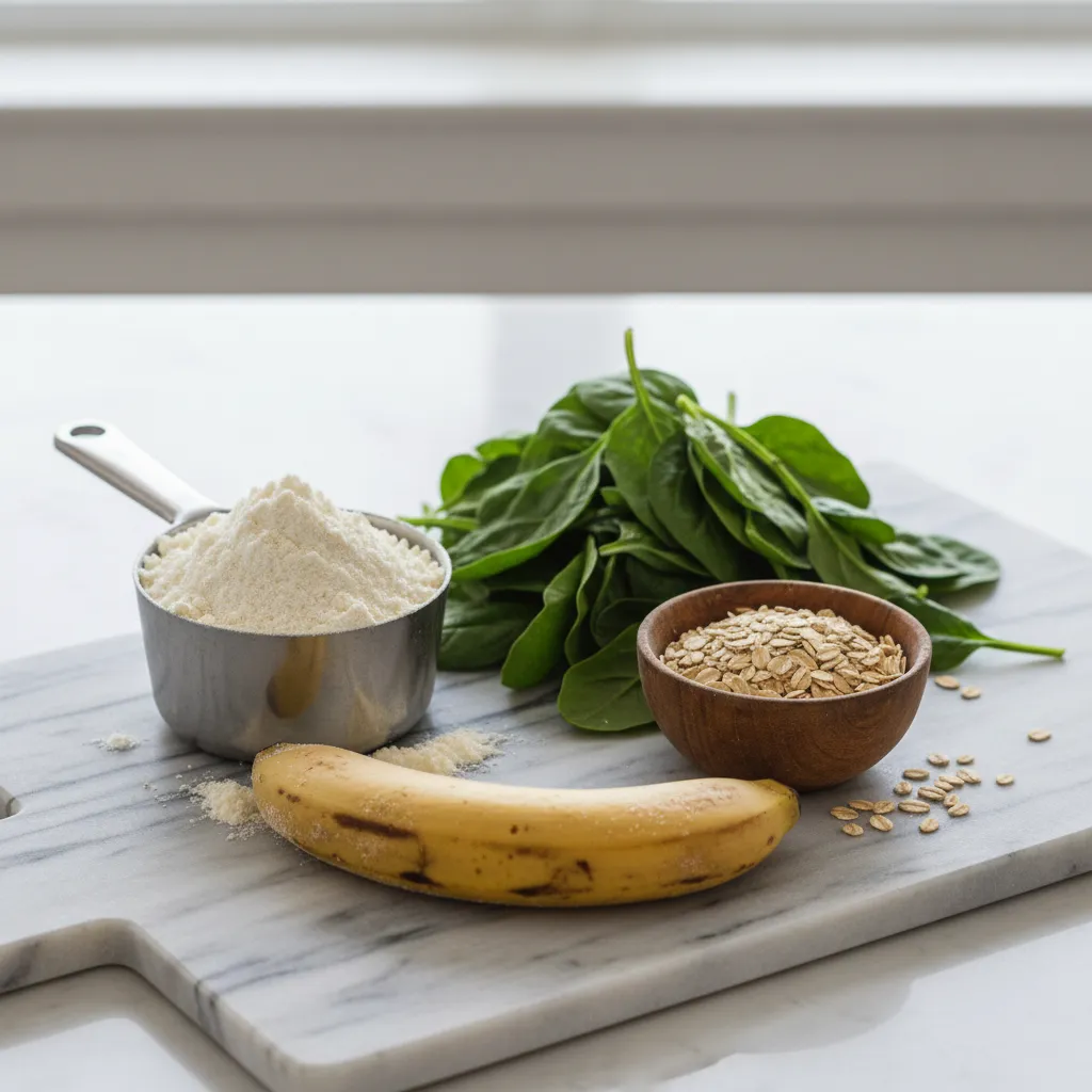 Overhead view of spinach, oats, banana, and vanilla protein powder on a counter