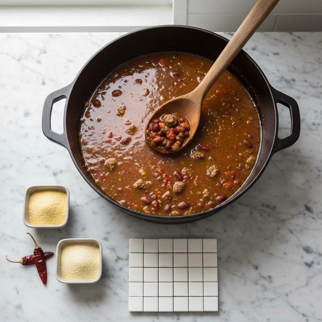 A large pot of chili and a wooden spoon ready for cooking