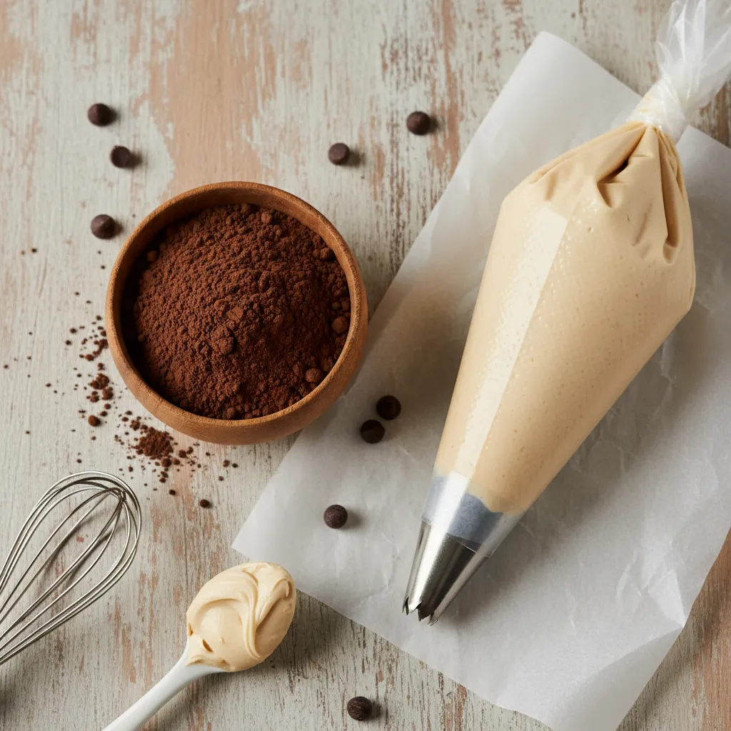 Measuring cup of cocoa powder and a piping bag on a counter