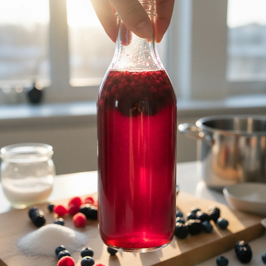 Inspecting a bottle of homemade shrub for clarity and quality