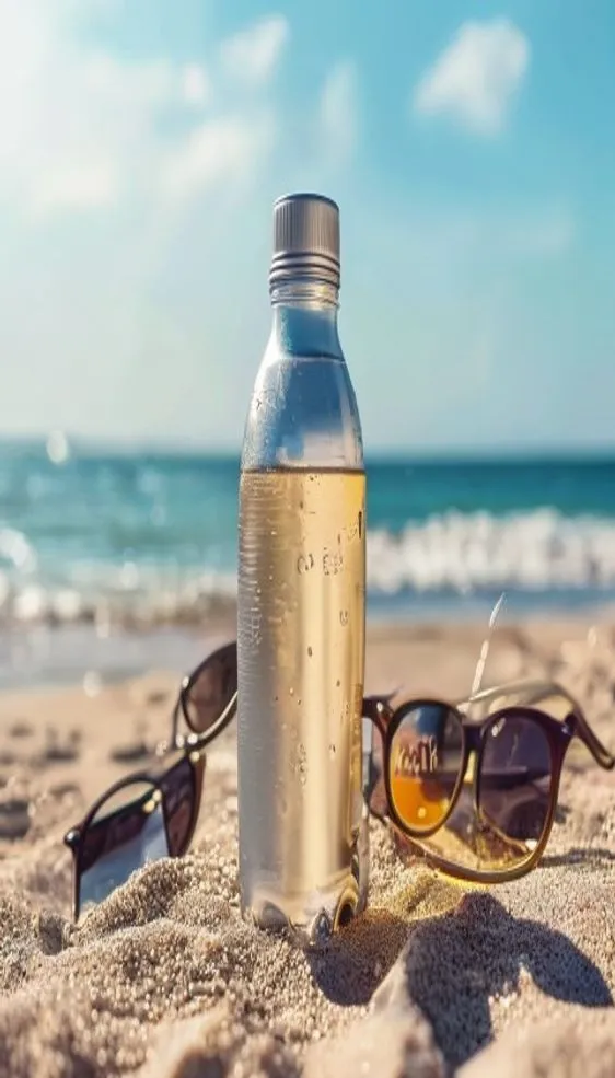 Sleek stainless steel bottle on a beach