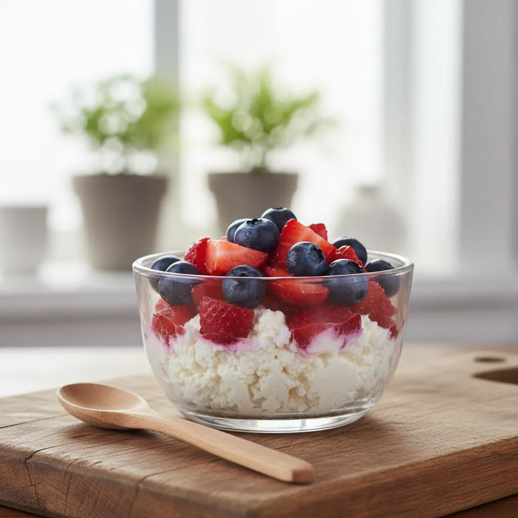Freshly sliced strawberries and blueberries soaking in their natural juices