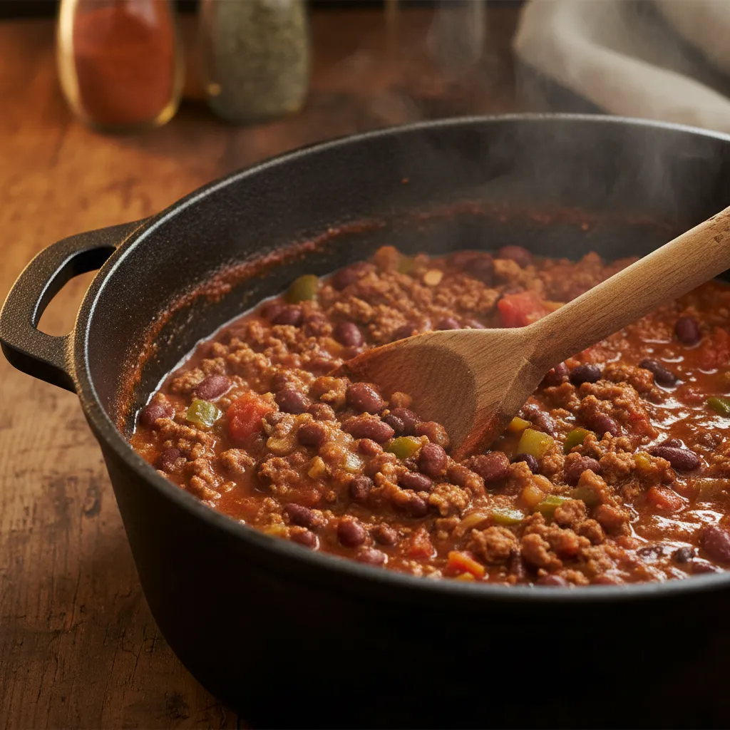 Wooden spoon mashing beans in a pot of chili to naturally thicken the stew.