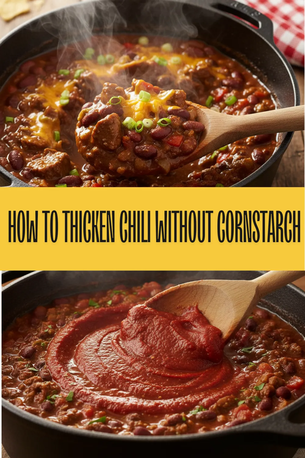 A steaming pot of thick, hearty chili garnished with cheese and scallions, showing a rich and savory texture.