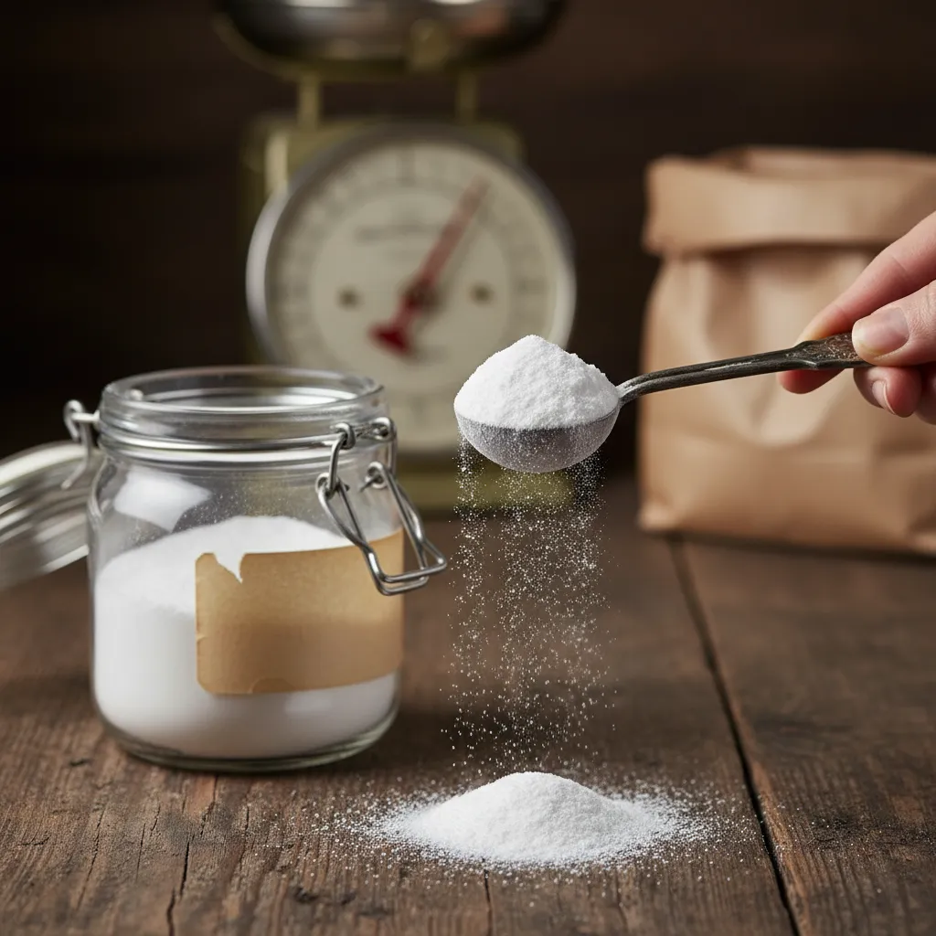 Close up of measuring spoons with baking powder for banana bread