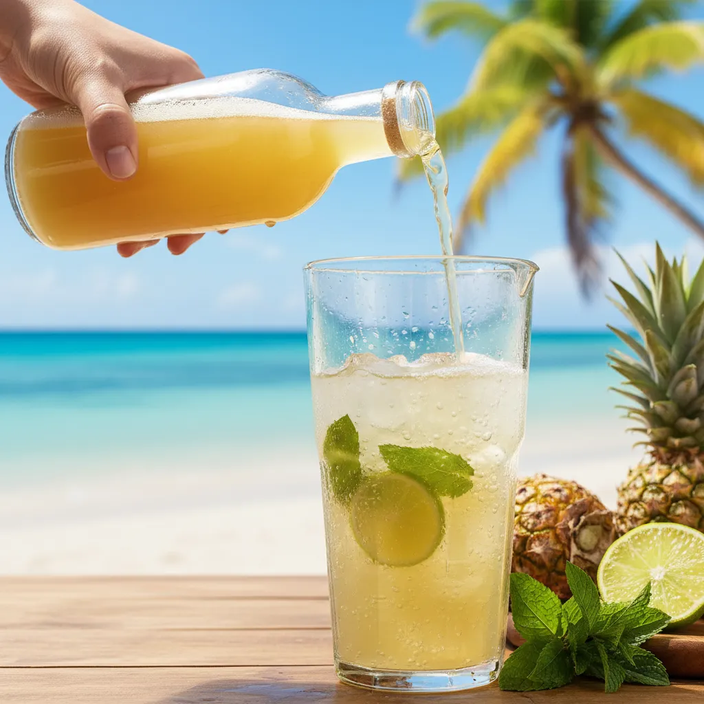 Pouring pineapple mojito into a pitcher for the beach.
